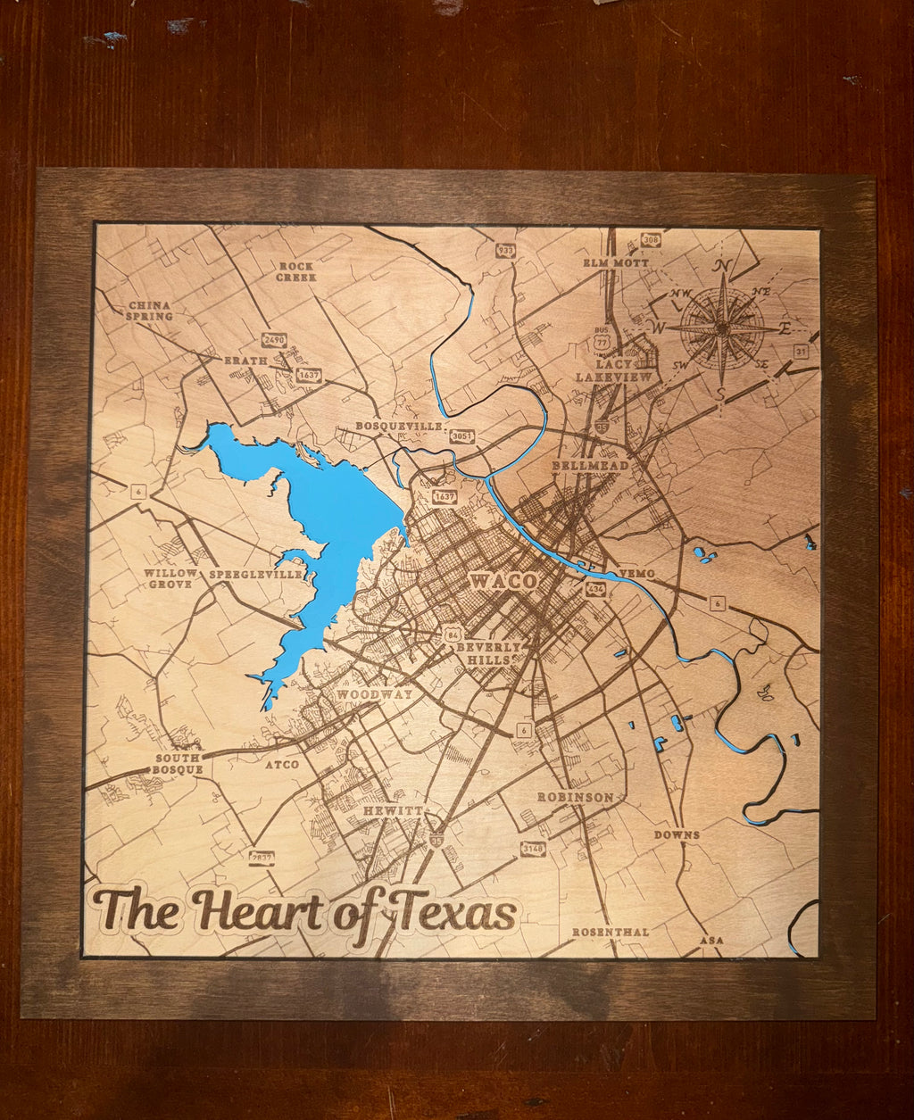 Waco, Texas Laser-Engraved Wood Map TEST 2
