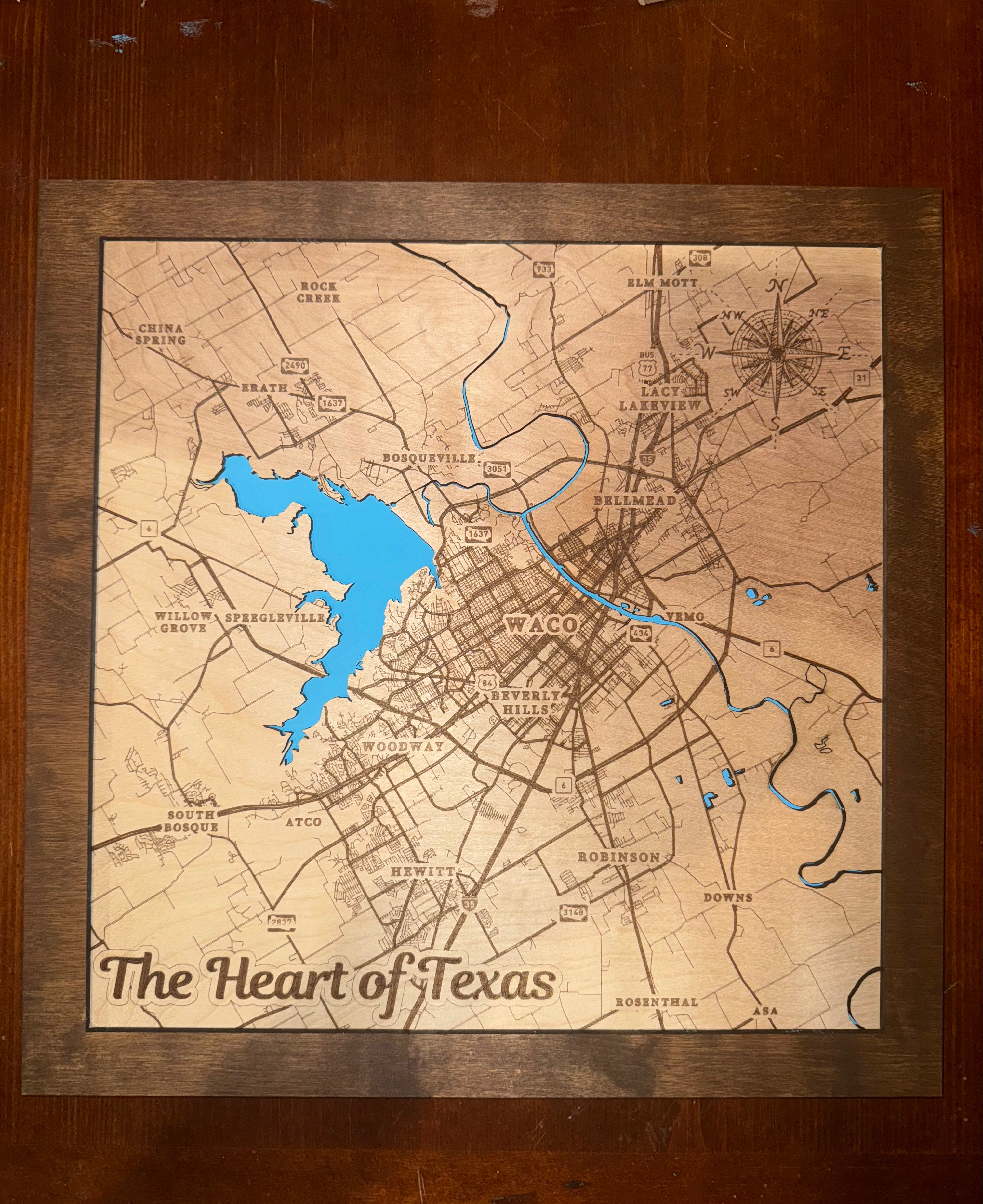 Waco, Texas Laser-Engraved Wood Map